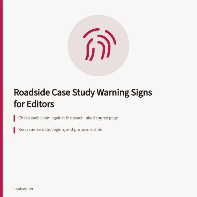 Card listing three editorial checks for roadside building case studies. Roadside building case study warning signs every editor should catch