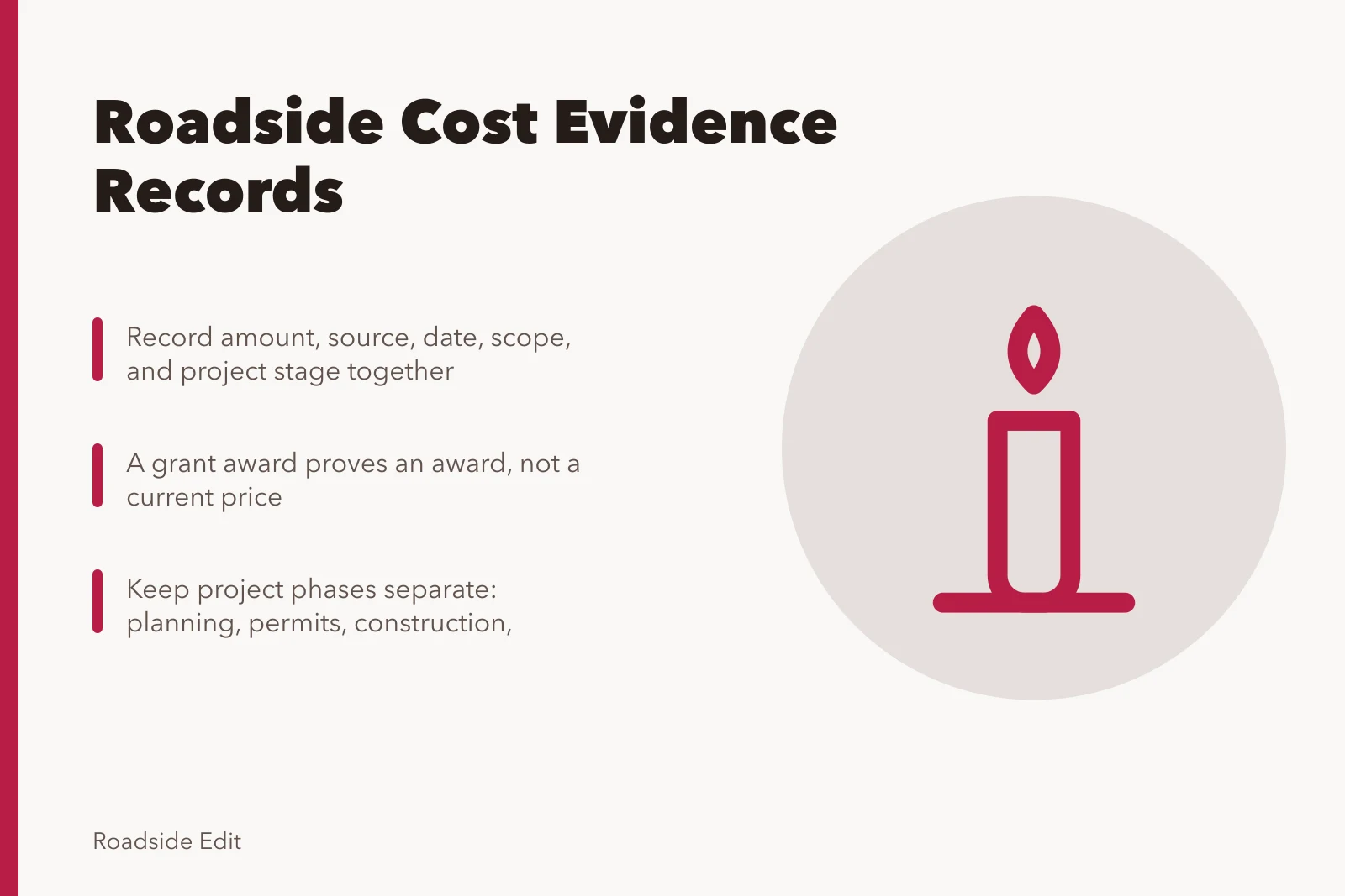 Card listing cost evidence record fields for roadside building projects. Roadside building cost planning: how to keep a clean evidence record