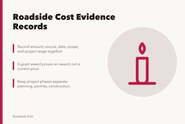 Card listing cost evidence record fields for roadside building projects. Roadside building cost planning: how to keep a clean evidence record