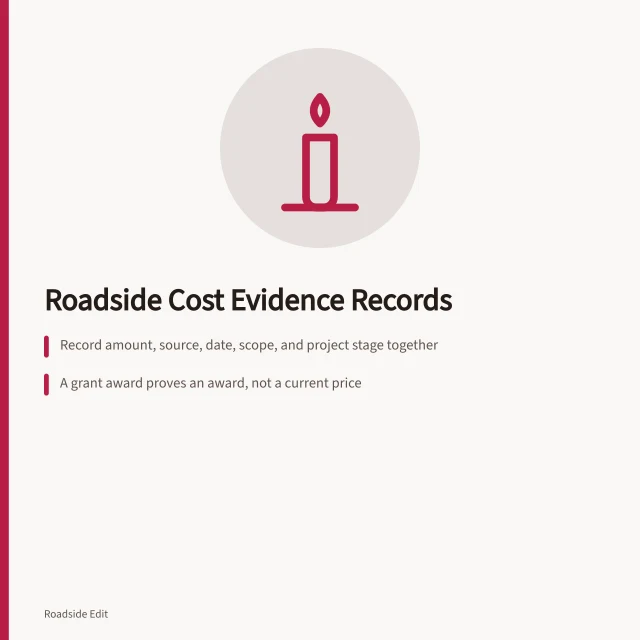 Card listing cost evidence record fields for roadside building projects. Roadside building cost planning: how to keep a clean evidence record