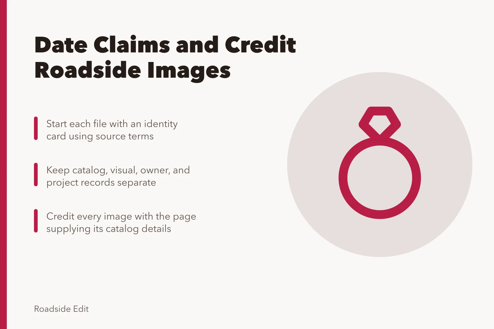 Card on dating claims and crediting roadside building images. Roadside building fundamentals: how to date claims and credit images