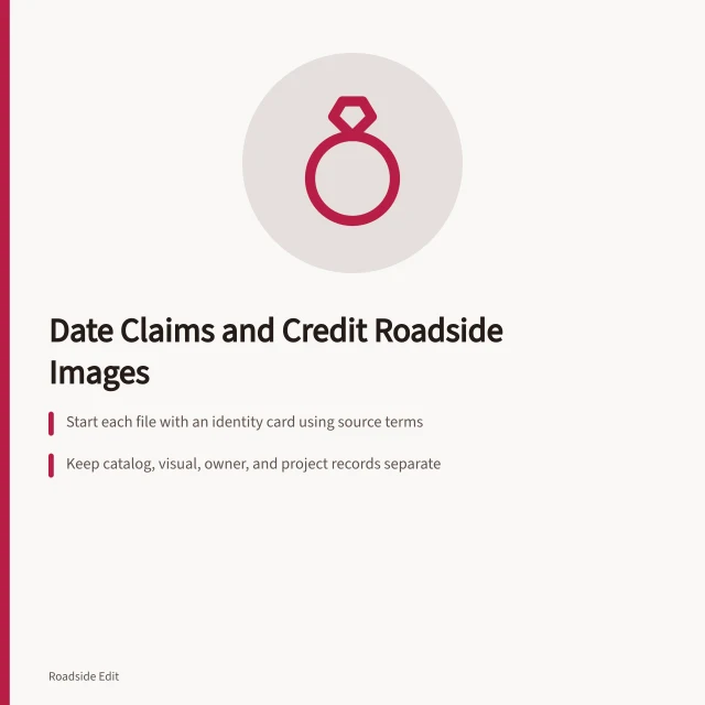 Card on dating claims and crediting roadside building images. Roadside building fundamentals: how to date claims and credit images