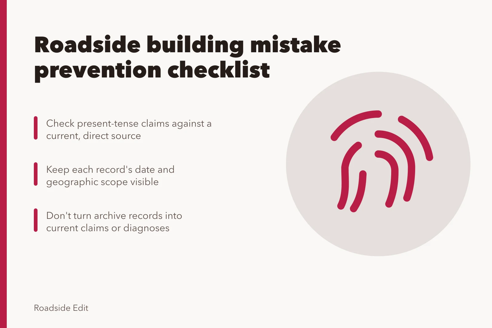 Checklist card for preventing roadside building mistakes before publishing. Roadside building mistake prevention checklist before you publish