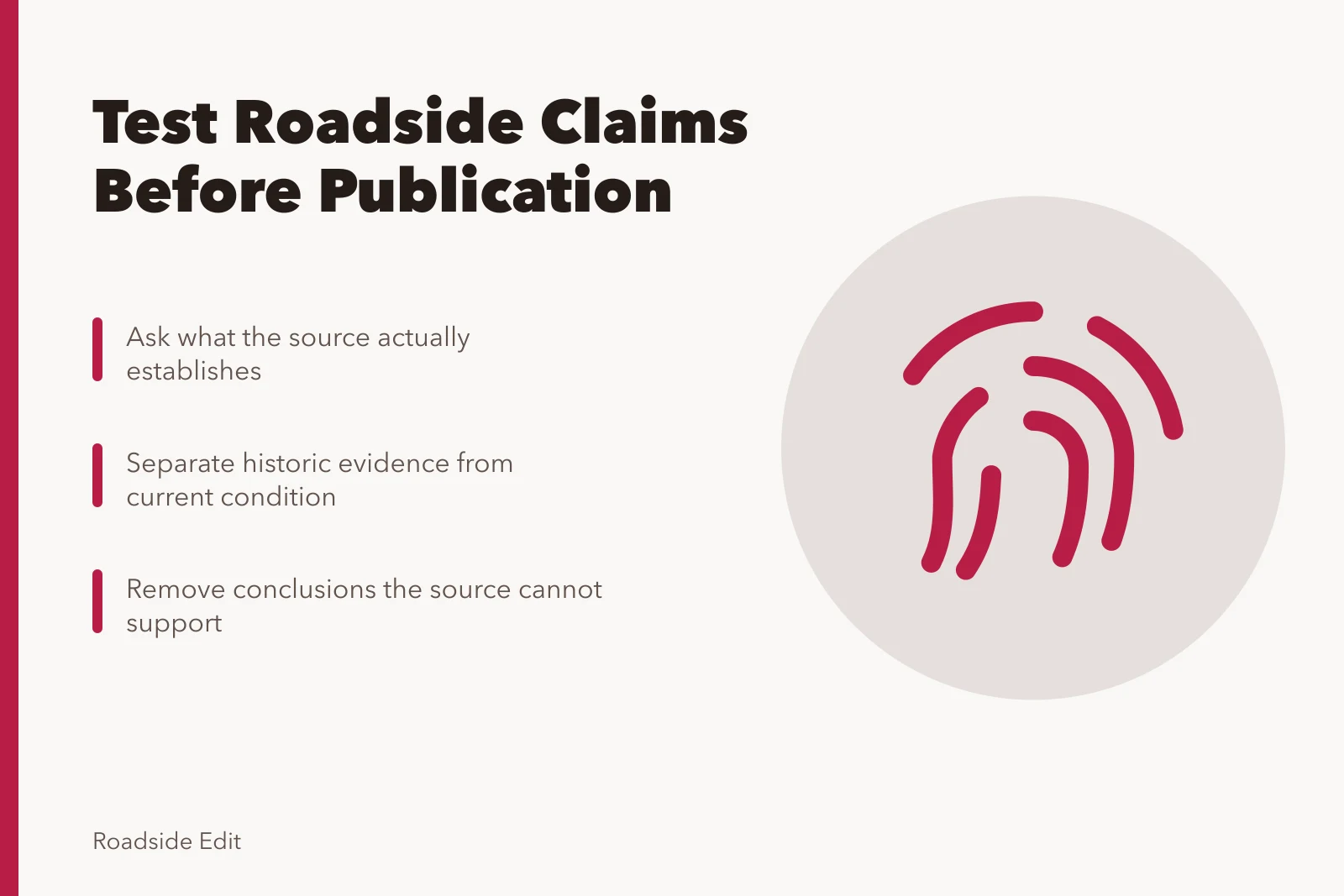 Checklist icon for verifying roadside building claims before publishing. Roadside building mistake questions: an editor's pre-publication check