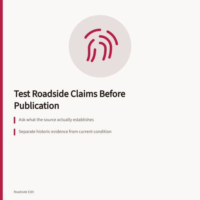 Checklist icon for verifying roadside building claims before publishing. Roadside building mistake questions: an editor's pre-publication check