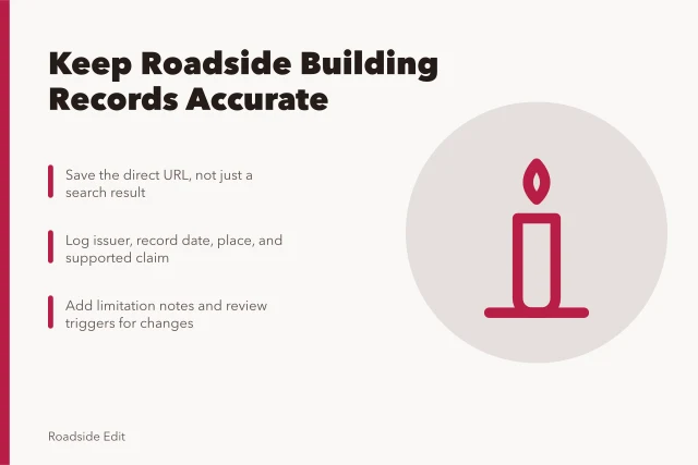 Card on keeping roadside building records accurate with sources and dates. How to keep roadside building records accurate before you publish