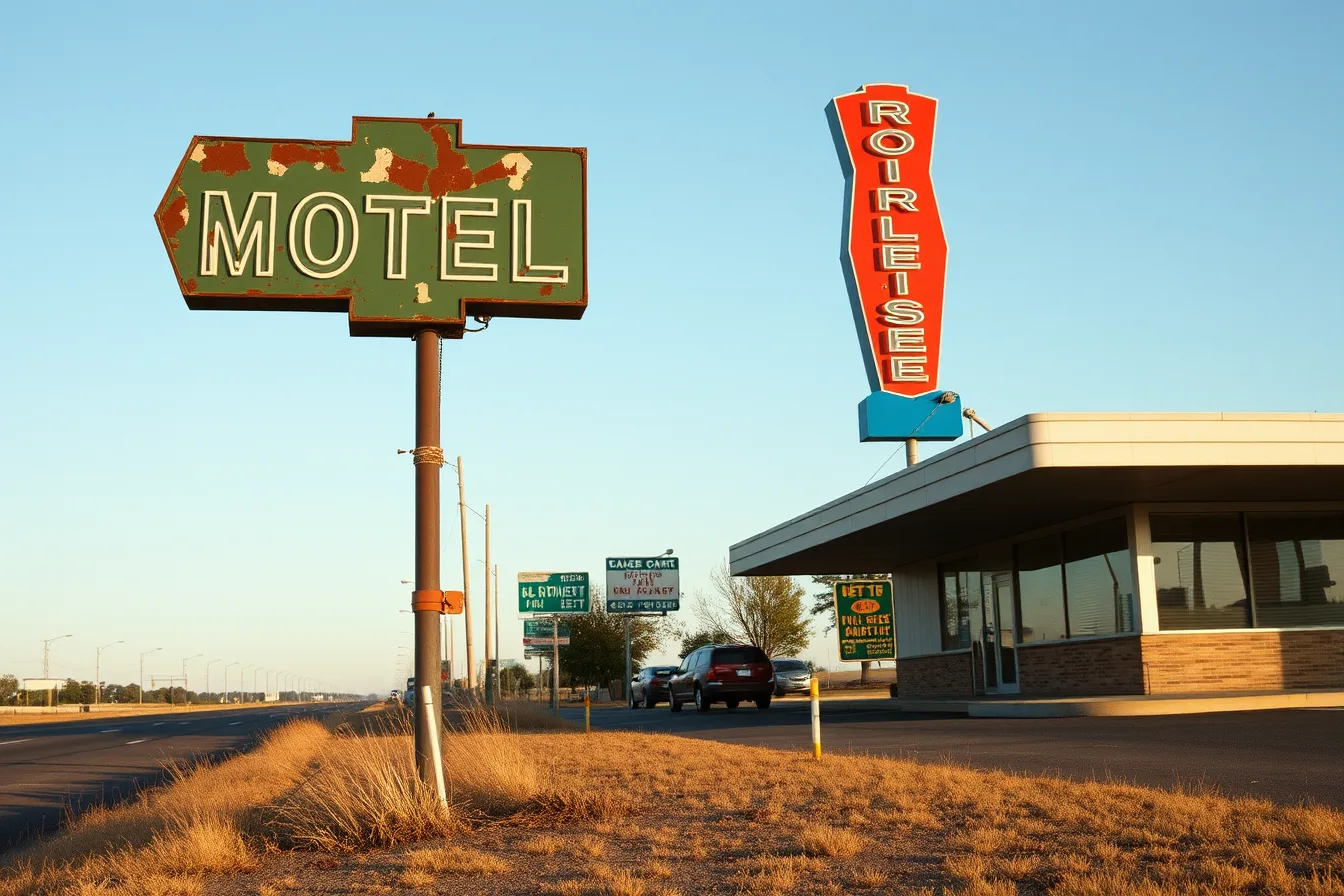 Weathered porcelain-enamel motel and diner neon sign on a Route 66 roadside pole. Roadside building planning questions before you compare property records