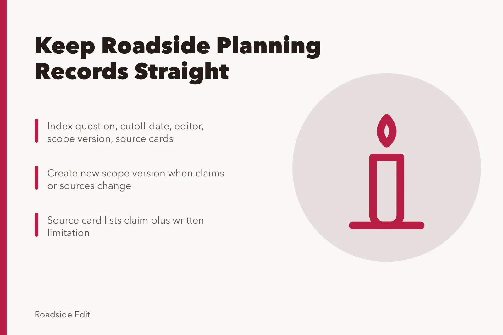 Planning packet index with scope versions and source cards. How to keep roadside building planning records straight before you publish