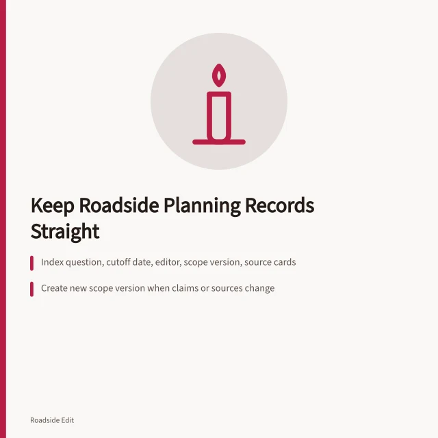Planning packet index with scope versions and source cards. How to keep roadside building planning records straight before you publish