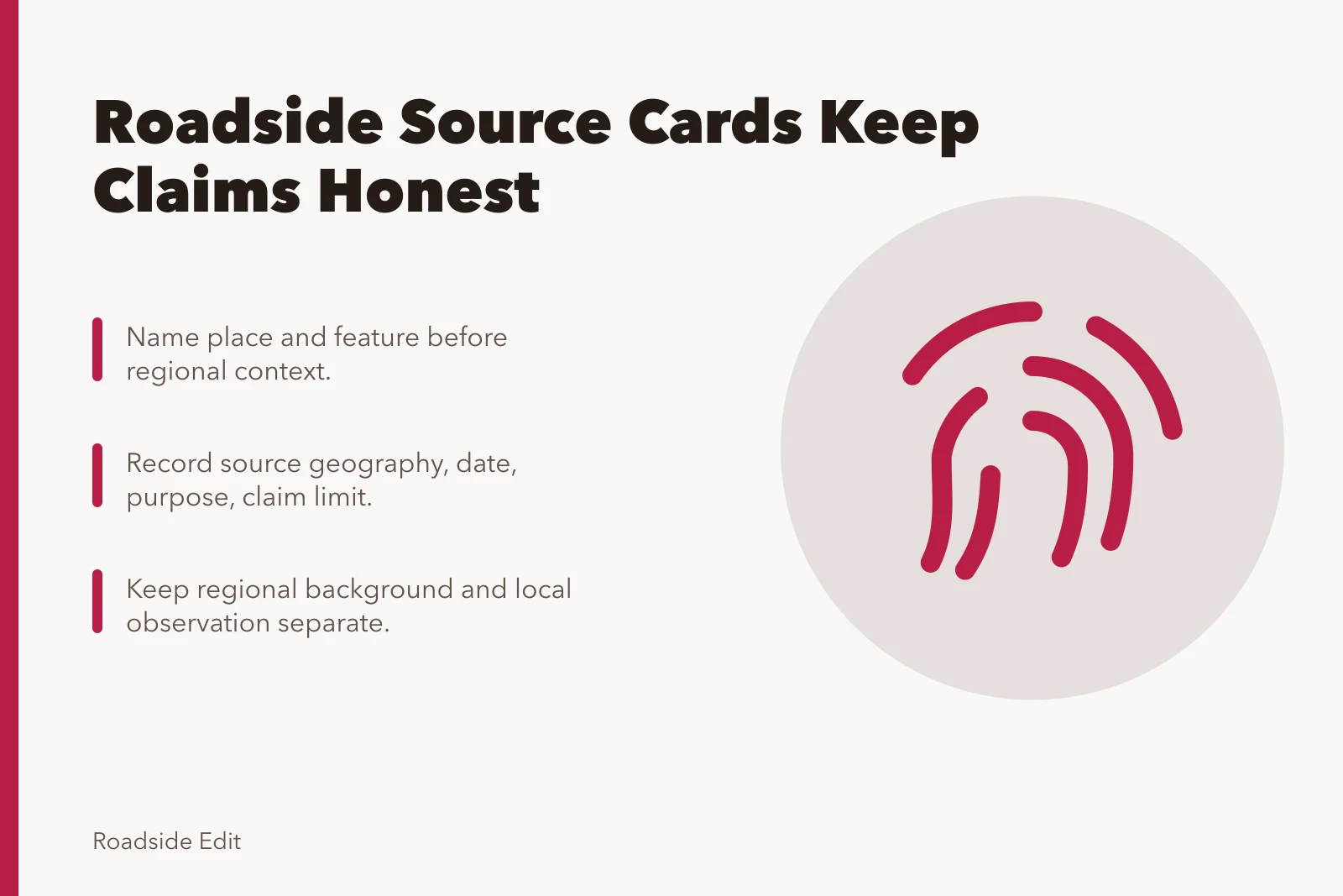 Checklist card for roadside source records and claim limits. How a roadside building regional checklist keeps location and claims honest