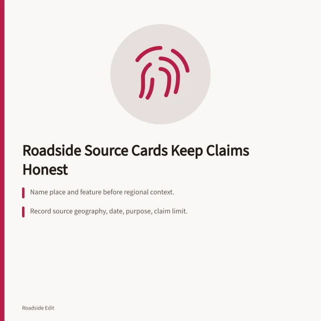 Checklist card for roadside source records and claim limits. How a roadside building regional checklist keeps location and claims honest