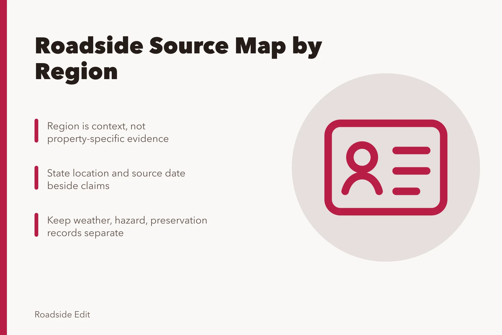 Card summarizing regional roadside source mapping guidance for editors. How roadside building regional adaptation shapes a source map