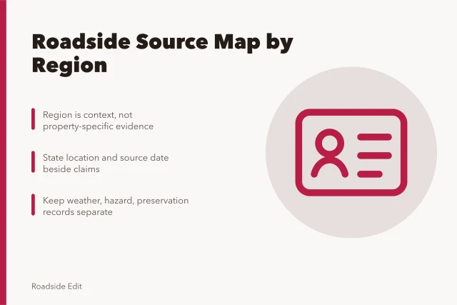 Card summarizing regional roadside source mapping guidance for editors. How roadside building regional adaptation shapes a source map