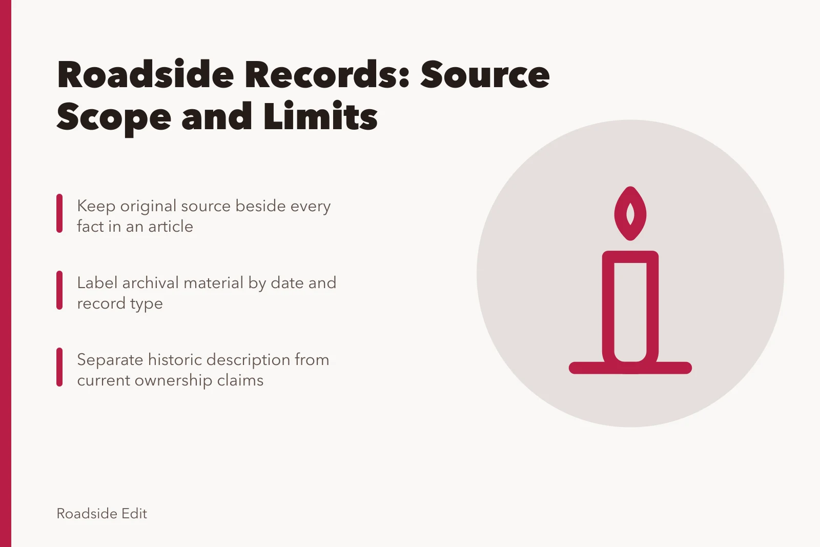 Card about roadside building records, source scope, and dated observations. How to keep roadside building records with regional source scope