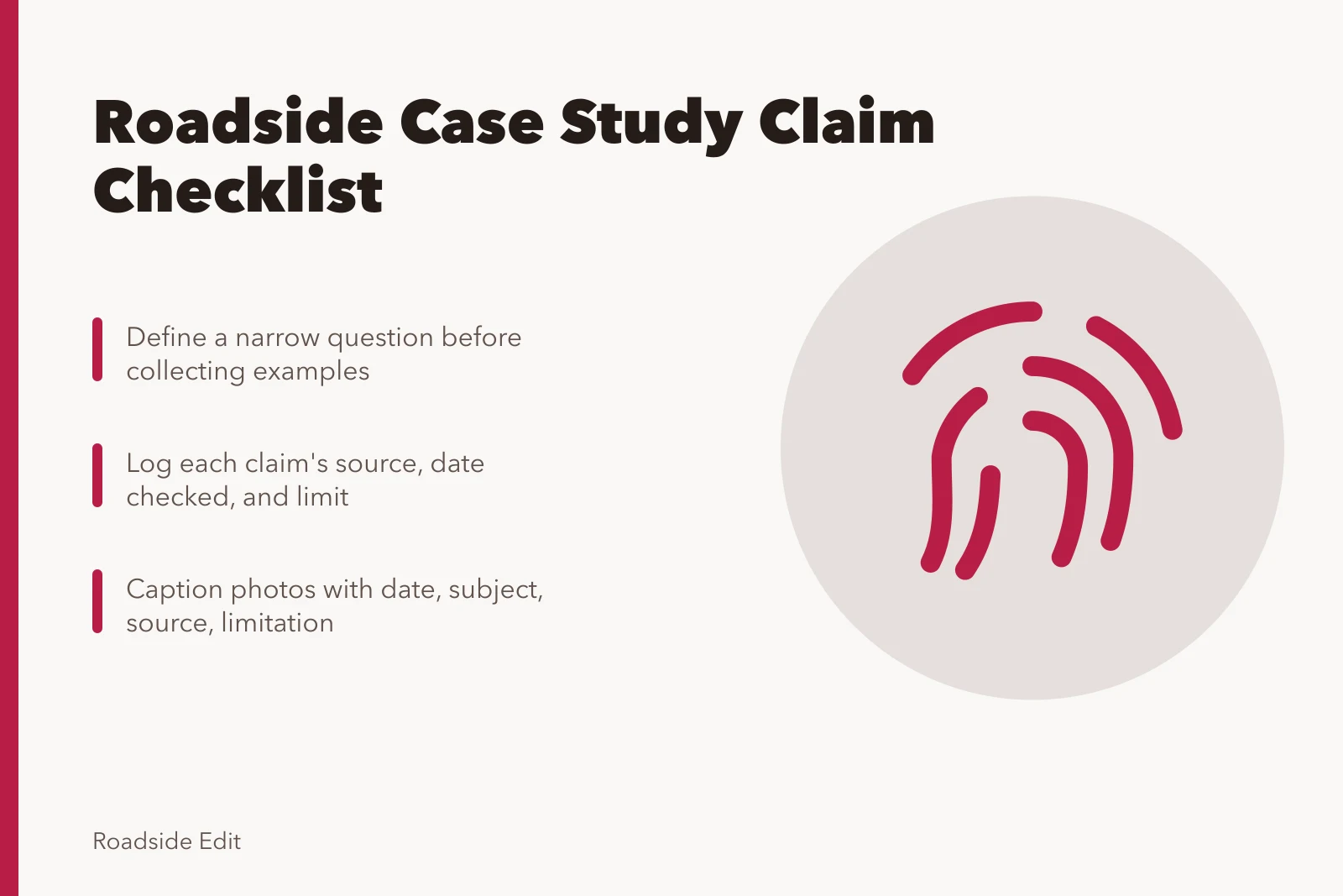 Checklist card for verifying roadside case study claims and sources. Roadside case study checklist: how to test every claim before you write