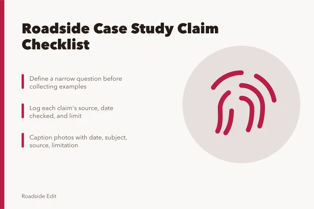 Checklist card for verifying roadside case study claims and sources. Roadside case study checklist: how to test every claim before you write