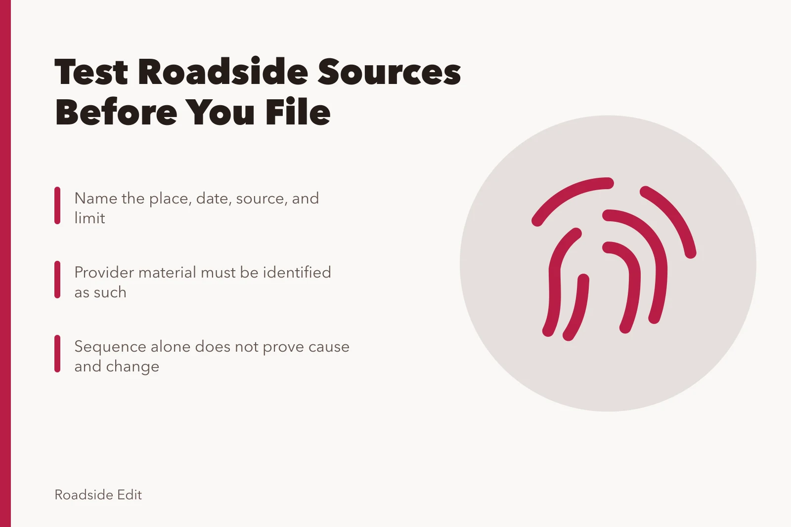 Checklist card for verifying roadside case study sources and evidence. Before you file: questions for a modern roadside design case study