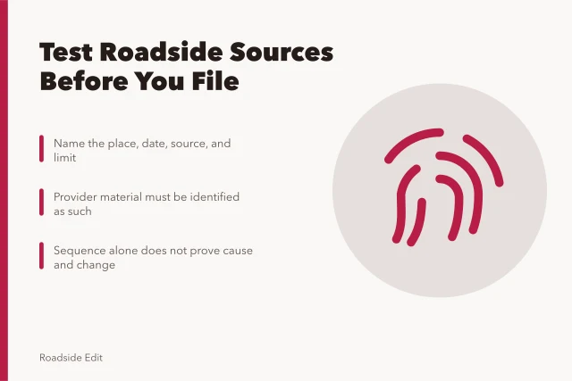 Checklist card for verifying roadside case study sources and evidence. Before you file: questions for a modern roadside design case study