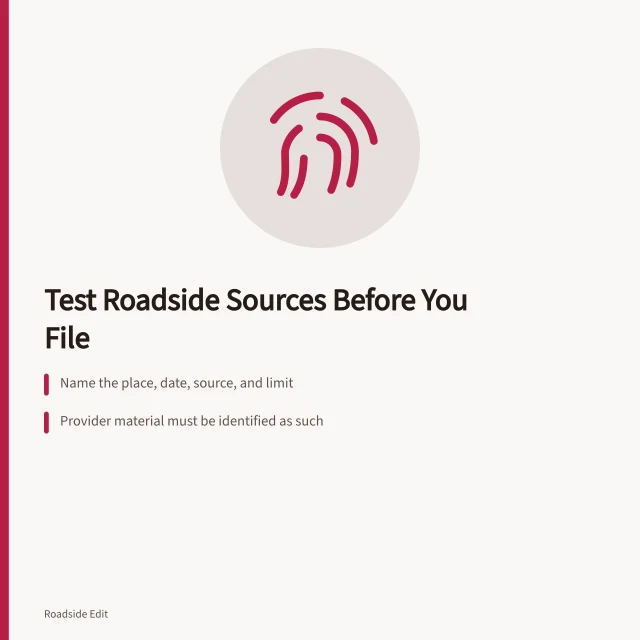 Checklist card for verifying roadside case study sources and evidence. Before you file: questions for a modern roadside design case study