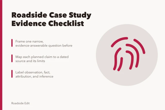 Checklist card for roadside design case study evidence and sourcing. Roadside design studios case study checklist: what to settle before you draft