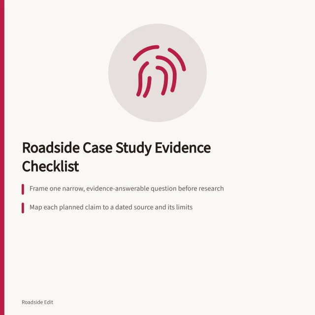 Checklist card for roadside design case study evidence and sourcing. Roadside design studios case study checklist: what to settle before you draft