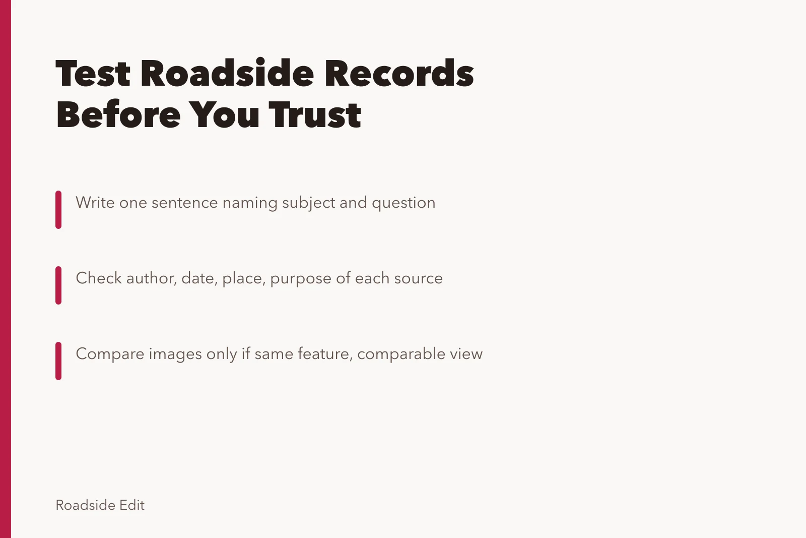 Card comparing roadside design case study record-checking questions. Roadside design studios case study method comparison questions to ask before you trust a record