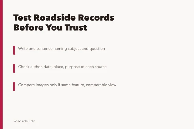 Card comparing roadside design case study record-checking questions. Roadside design studios case study method comparison questions to ask before you trust a record