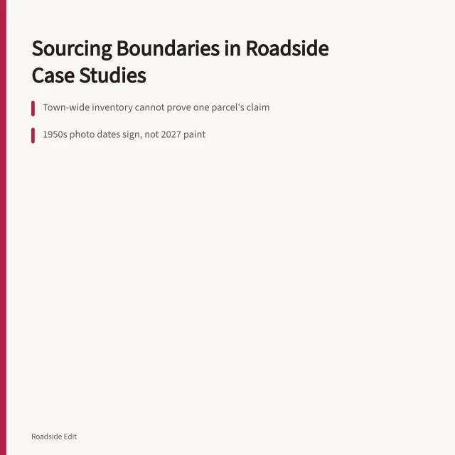 Card on sourcing boundaries for roadside design case studies. How roadside design case studies handle warning signs and weak sourcing