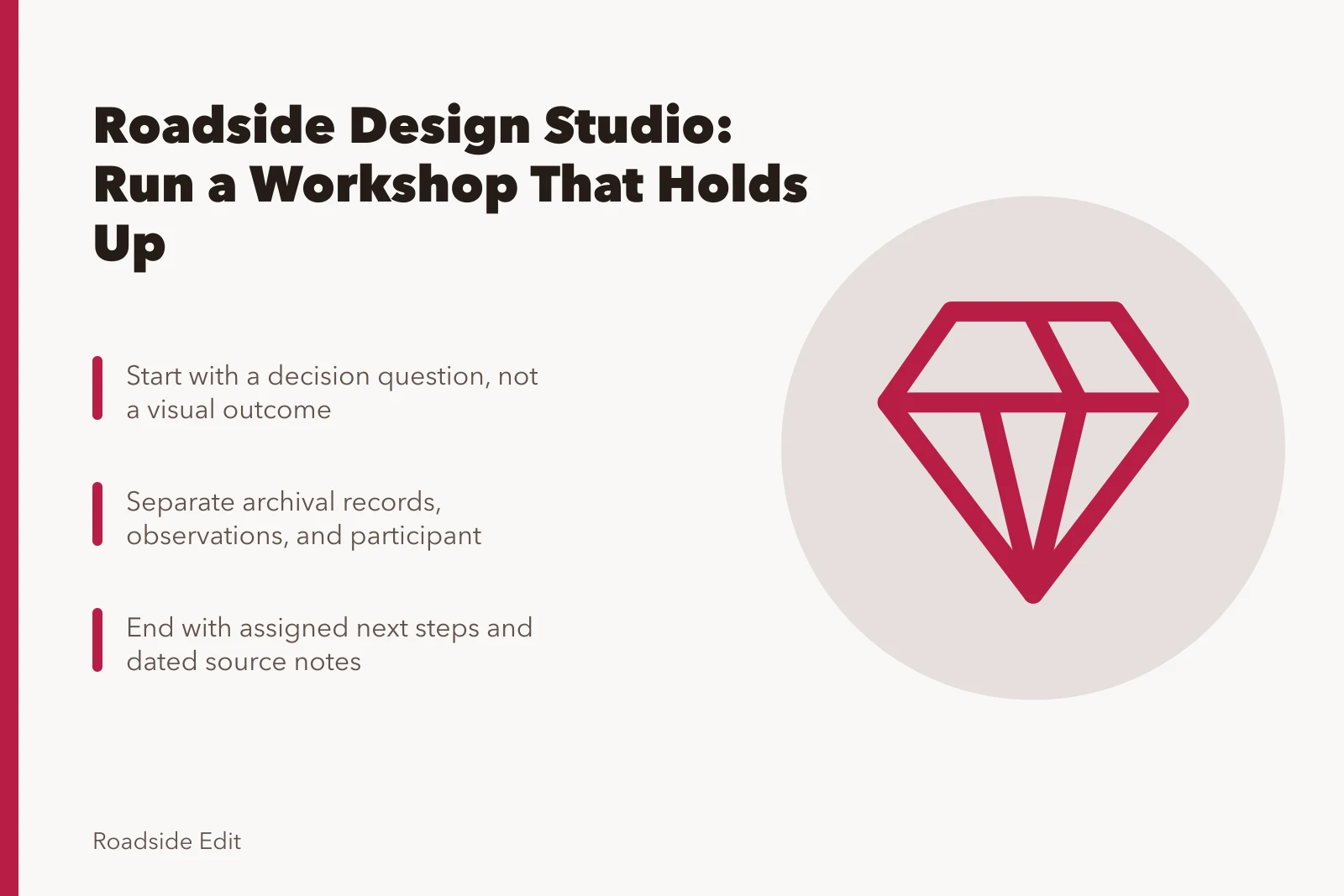 Roadside design studio workshop planning card with decision question and evidence steps. Roadside design studio fundamentals: how to run a workshop that holds up