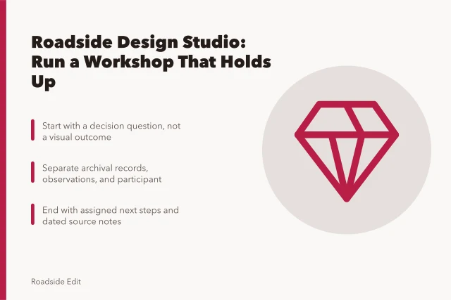 Roadside design studio workshop planning card with decision question and evidence steps. Roadside design studio fundamentals: how to run a workshop that holds up