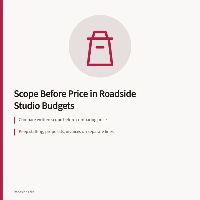 Card comparing roadside design studio scope, staffing, and change records. How roadside design studios shape provider selection and budget notes