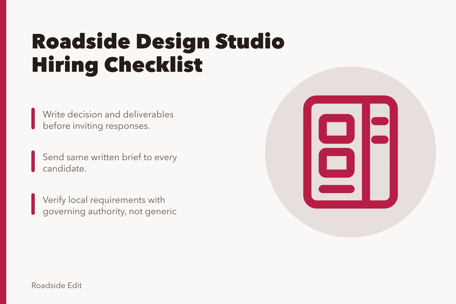 Checklist for hiring a roadside design studio with brief, comparison, and local verification. Hiring a roadside design studio: how to brief, compare and choose