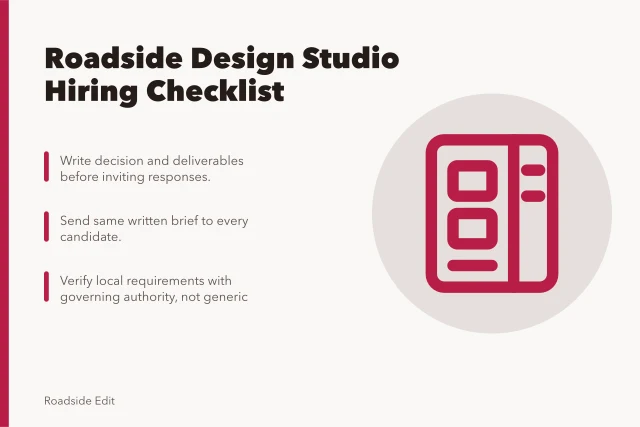 Checklist for hiring a roadside design studio with brief, comparison, and local verification. Hiring a roadside design studio: how to brief, compare and choose