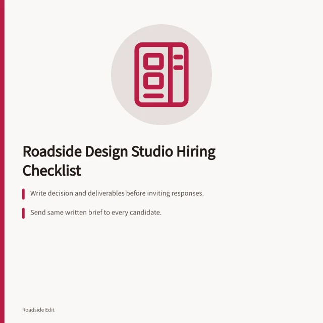 Checklist for hiring a roadside design studio with brief, comparison, and local verification. Hiring a roadside design studio: how to brief, compare and choose