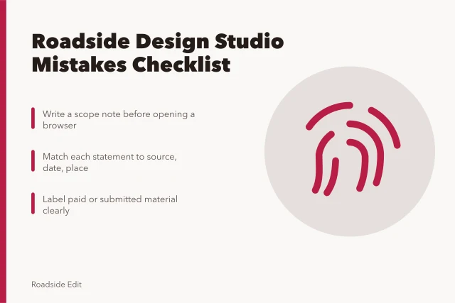 Checklist card for catching weak claims in roadside design articles. Roadside design studio mistakes checklist: how to catch weak claims before you publish