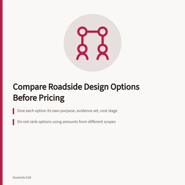 Card comparing roadside design studio options by evidence and cost stage. How to compare roadside design studio options before you price anything