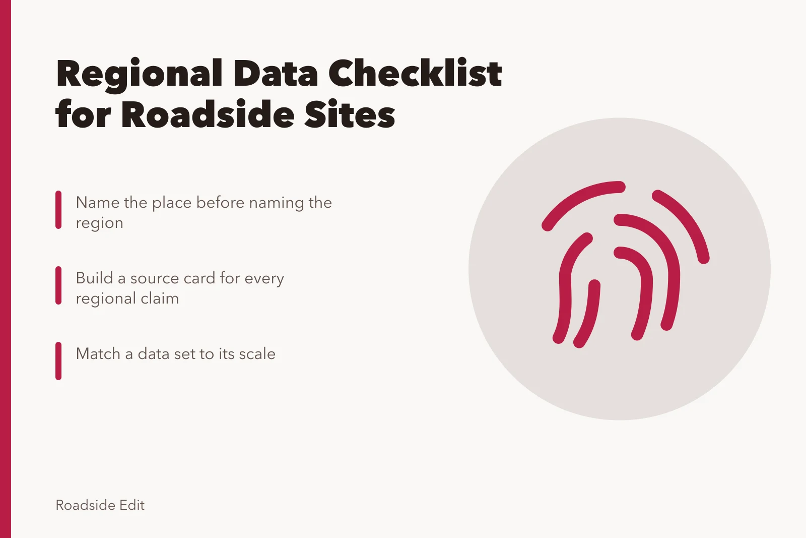 Checklist card for verifying regional roadside data and site claims. Roadside design studio regional checklist: how to keep area data from becoming site claims