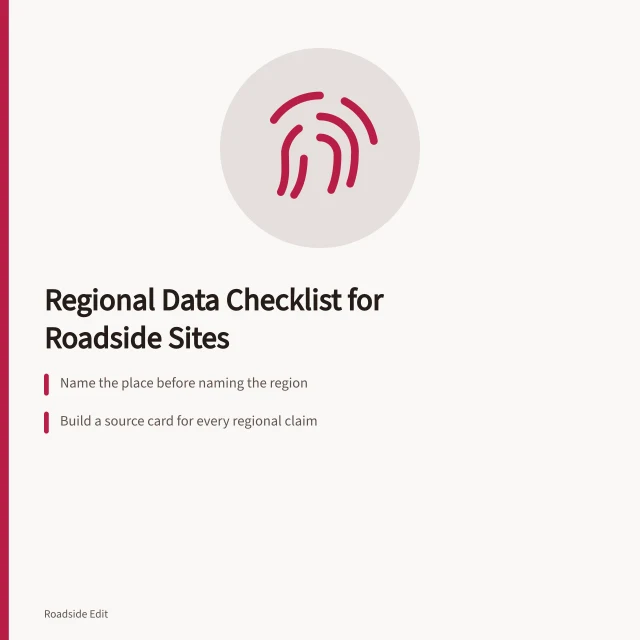 Checklist card for verifying regional roadside data and site claims. Roadside design studio regional checklist: how to keep area data from becoming site claims