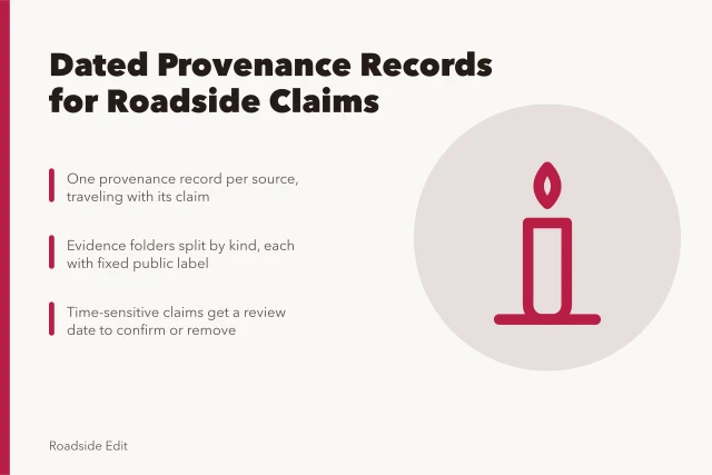 Card on dated provenance records for roadside claims and source logs. How roadside design studios should keep regional owner records before publishing