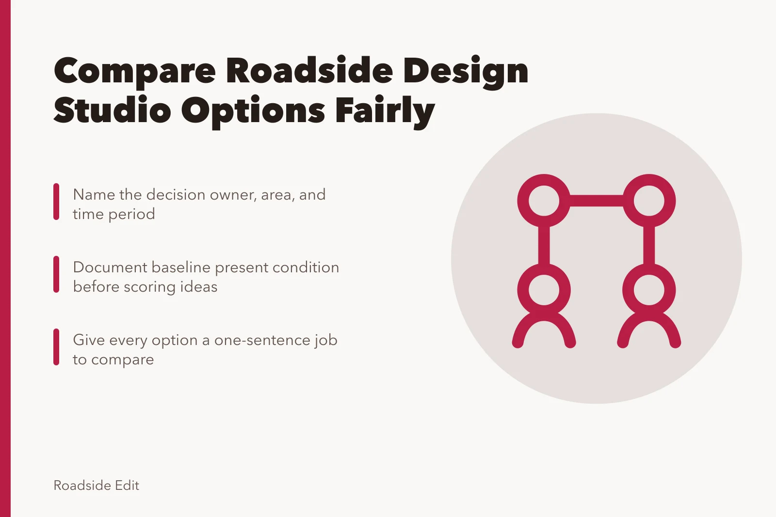 Card comparing roadside design studio options with baseline and criteria. How to compare roadside design studio options before you sign
