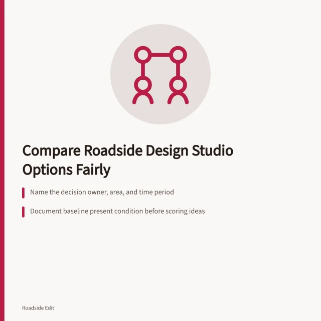 Card comparing roadside design studio options with baseline and criteria. How to compare roadside design studio options before you sign