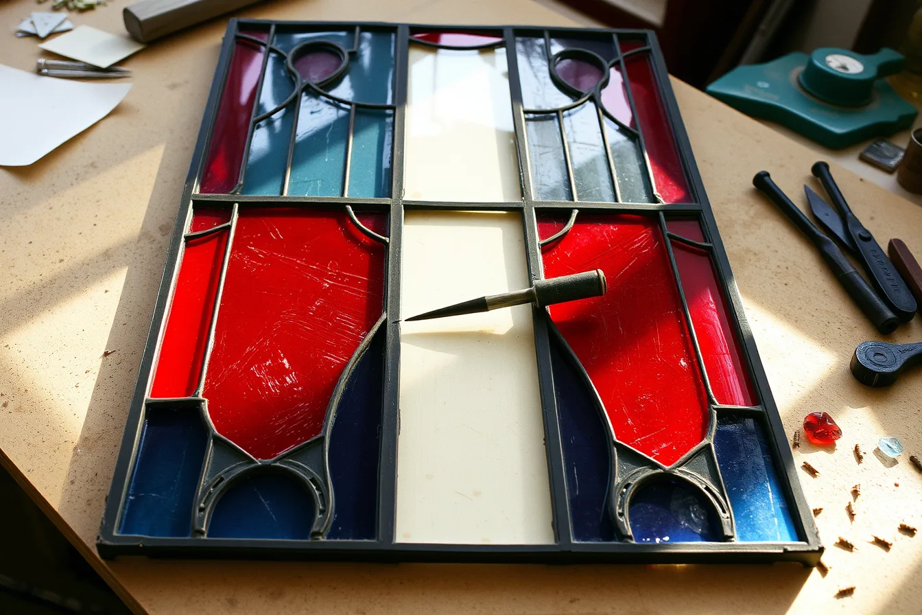 Leaded stained glass panel partly rebuilt on a studio workbench. Why a rare-craft detour to roadside design studios is worth the miles