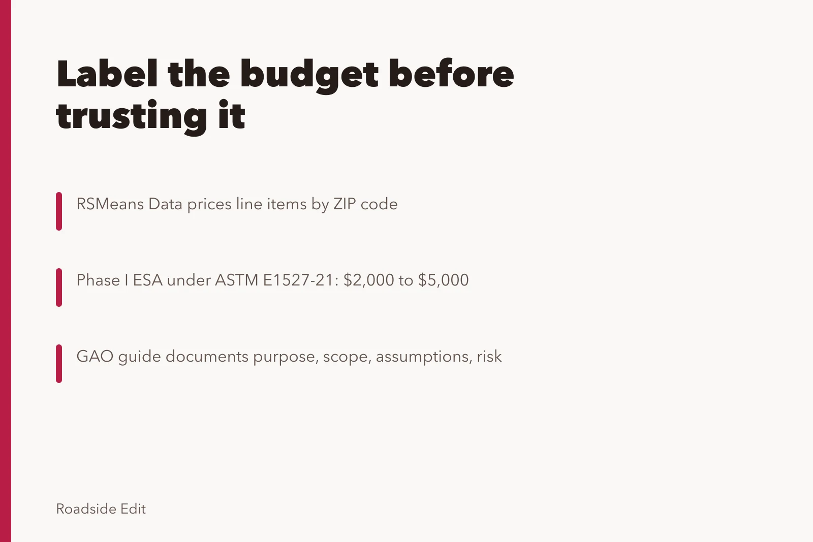 Budget card on roadside renovation costs, estimates, and Phase I assessments. Roadside renovation budget notes: how to read the numbers and costs before you commit
