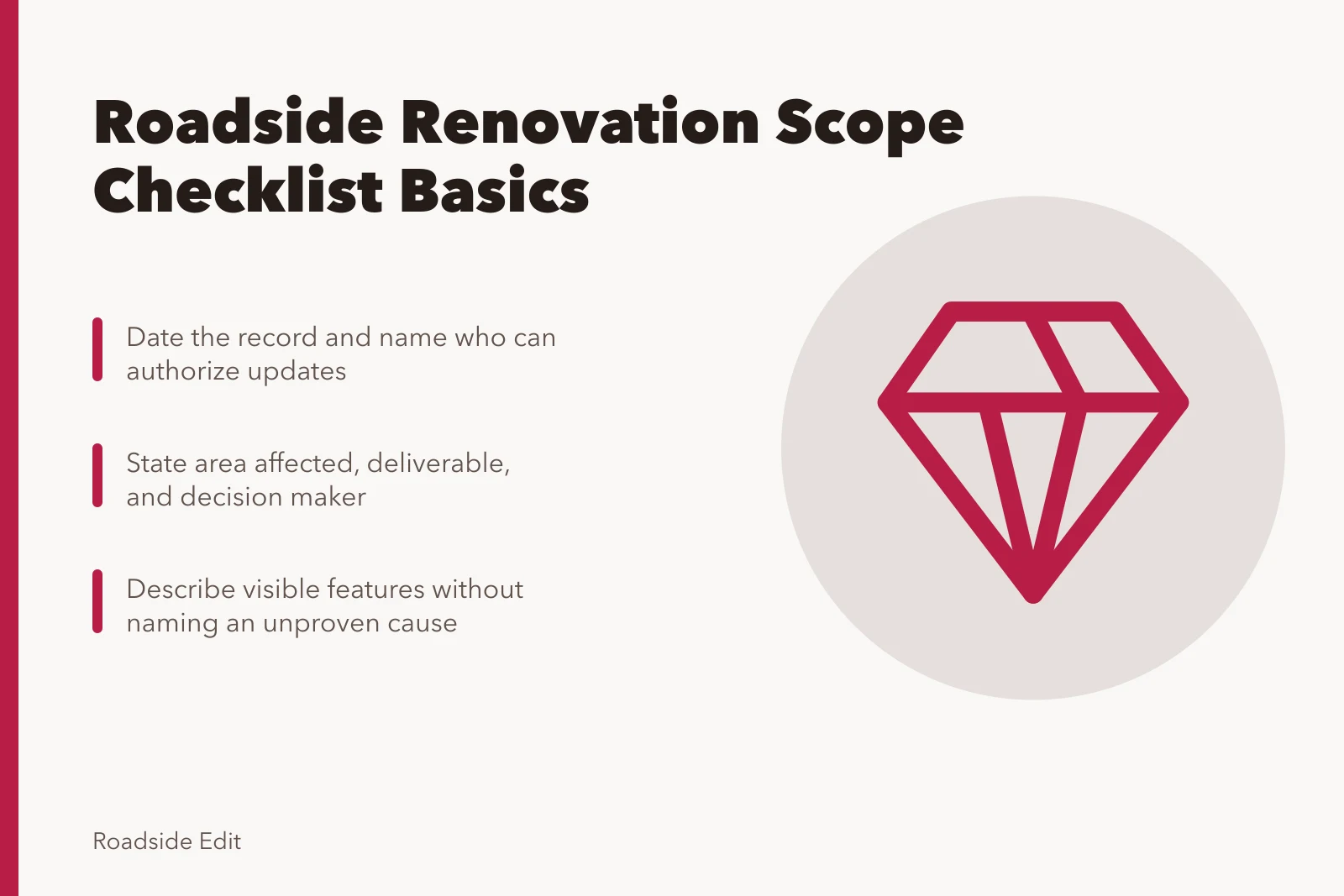Checklist card for scoping a roadside renovation record and site limits. Roadside renovation fundamentals: a scope checklist before you decide