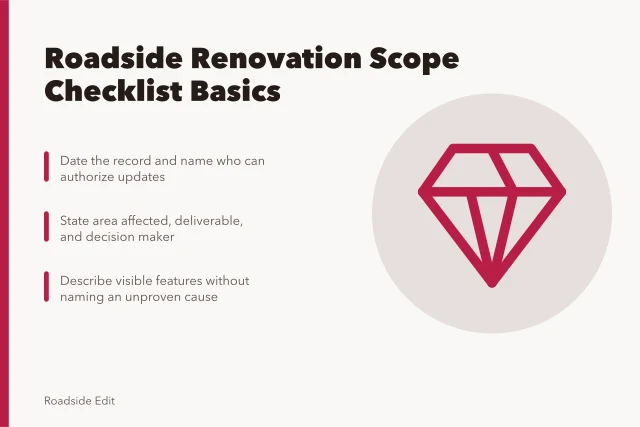 Checklist card for scoping a roadside renovation record and site limits. Roadside renovation fundamentals: a scope checklist before you decide