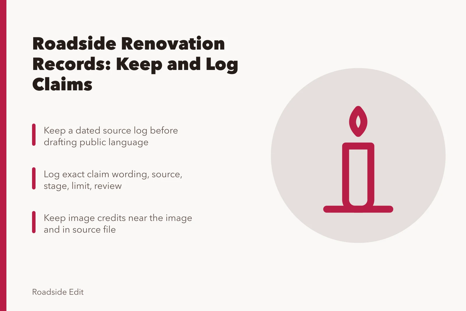 Roadside renovation record-keeping card with claim log and source notes. Owner records for a roadside renovation: what to keep and how to log claims