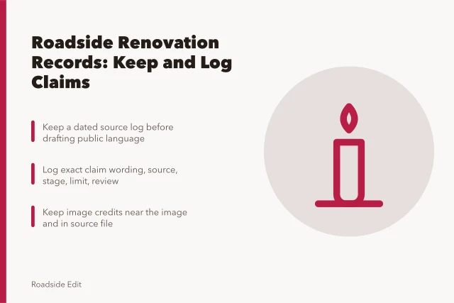 Roadside renovation record-keeping card with claim log and source notes. Owner records for a roadside renovation: what to keep and how to log claims