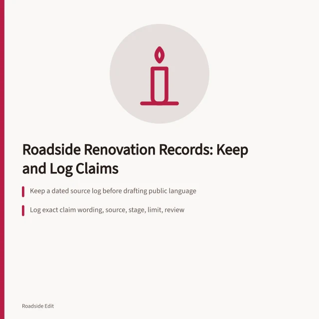 Roadside renovation record-keeping card with claim log and source notes. Owner records for a roadside renovation: what to keep and how to log claims