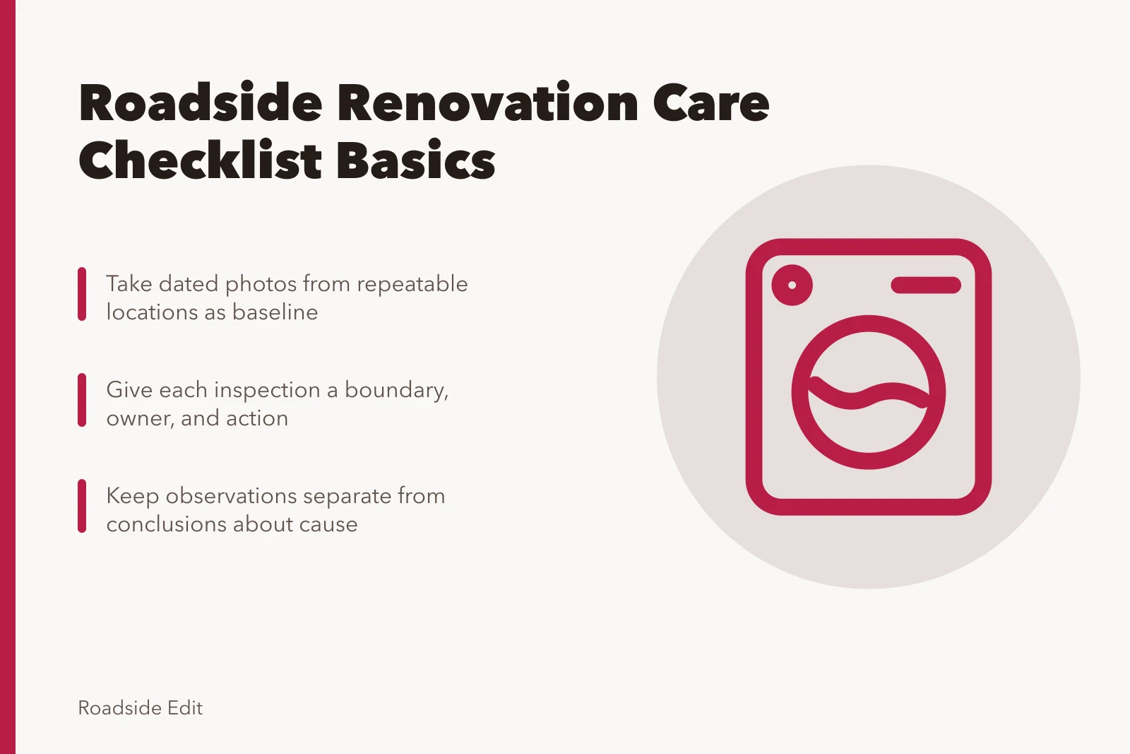 Checklist card for roadside renovation maintenance planning and inspection records. Roadside renovation maintenance plan: how to scope a care checklist