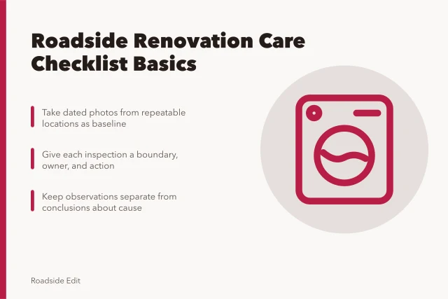 Checklist card for roadside renovation maintenance planning and inspection records. Roadside renovation maintenance plan: how to scope a care checklist